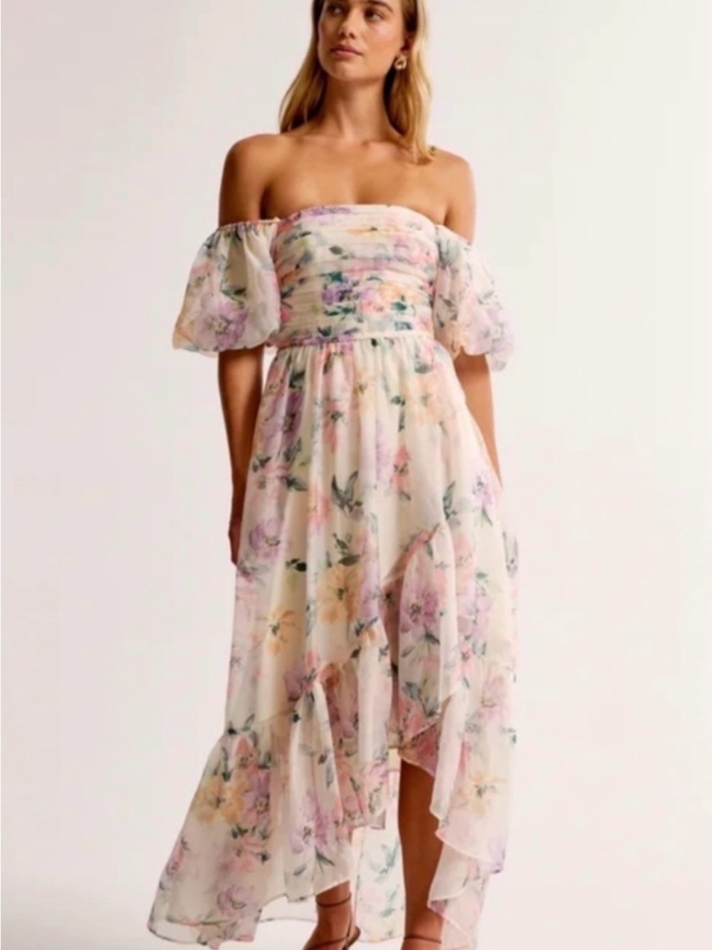 Abercrombie & Fitch Off-Shoulder Floral Maxi Dress in Pastel Pink and Cream